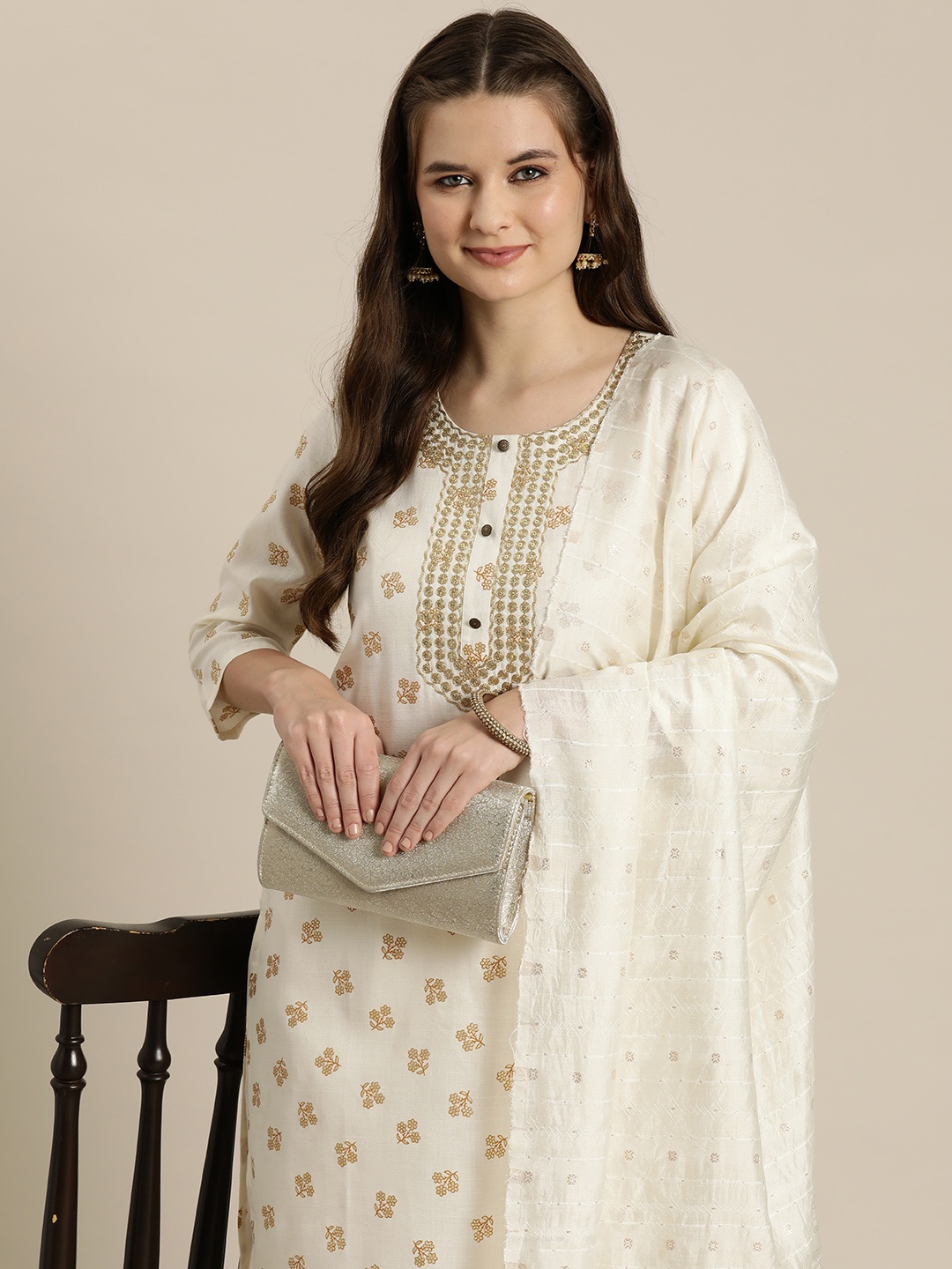 

HERE&NOW Women Ethnic Motifs Embroidered Sequinned Kurta with Trousers & With Dupatta, Off white