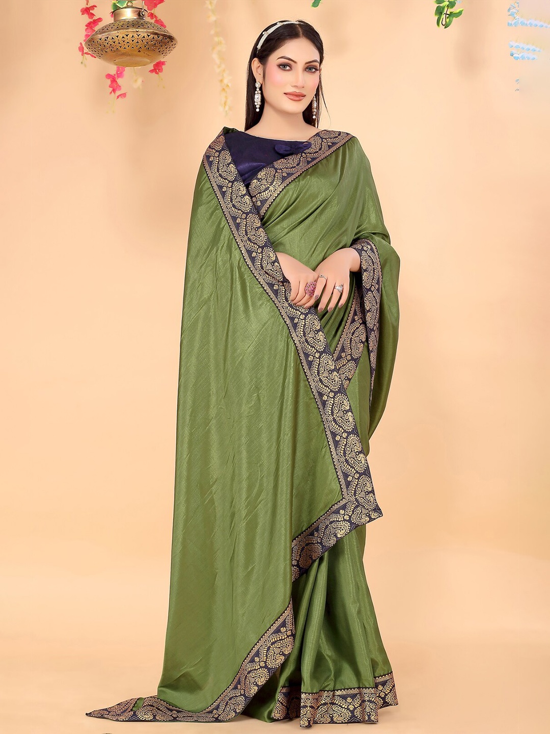 

Florence Zari Art Silk Saree, Olive