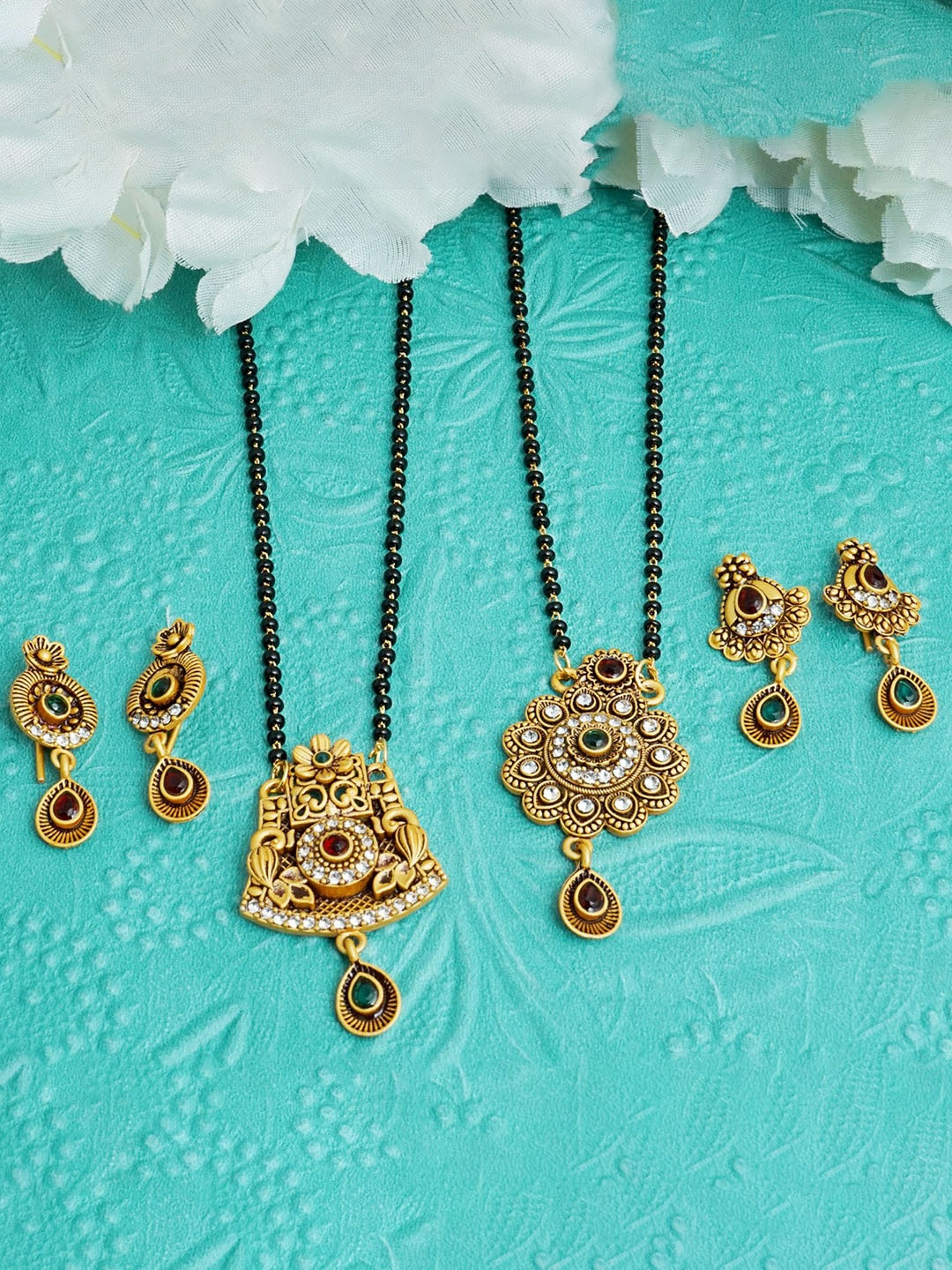 

MANSIYAORANGE Set Of 2 Gold-Plated Stone-Studded & Beaded Mangalsutra with Earrings