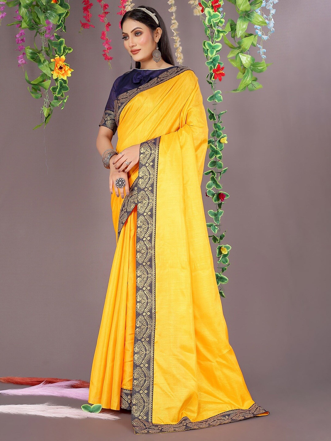 

KALINI Woven Design Border Zari Art Silk Saree, Yellow