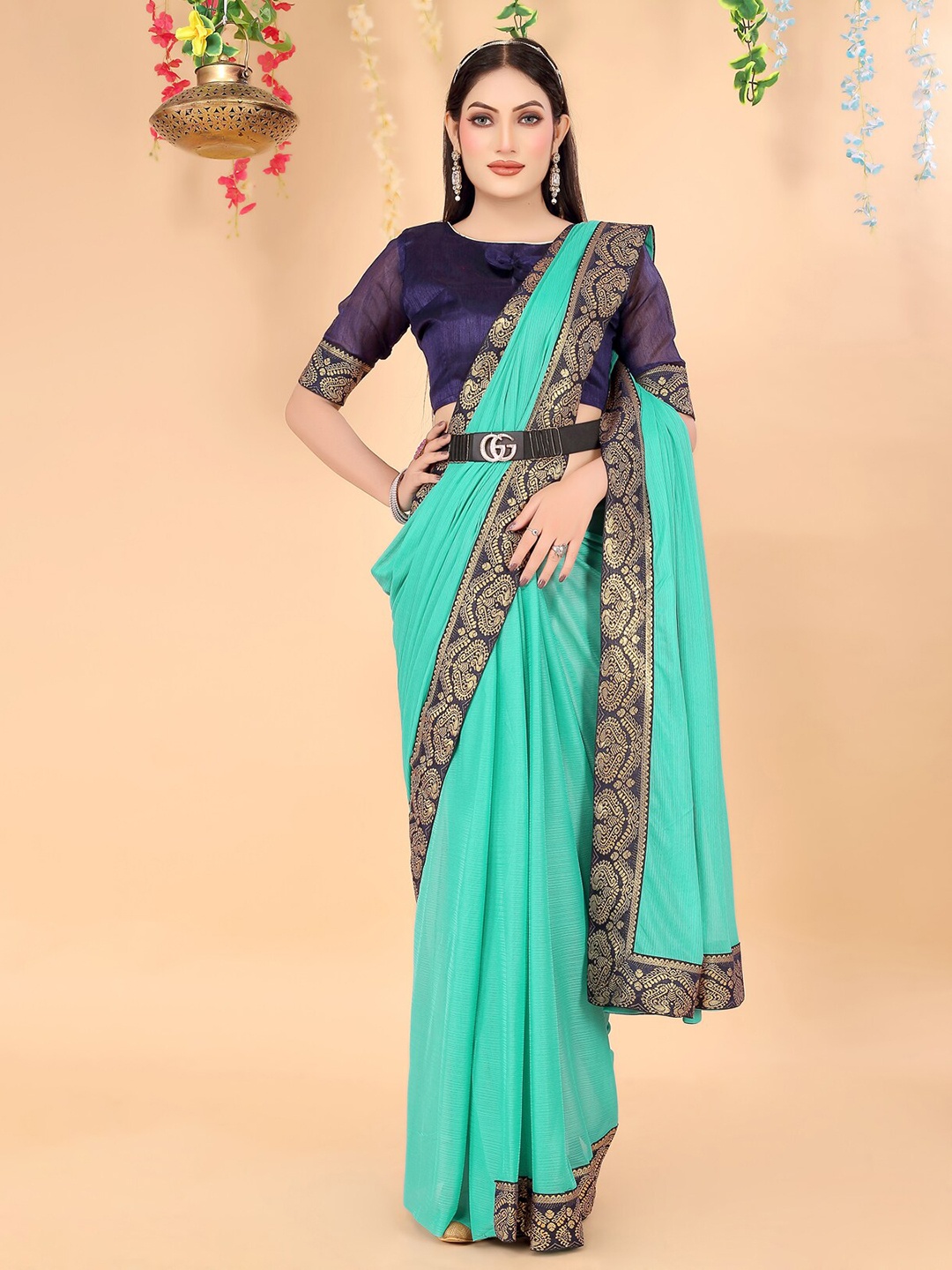 

KALINI Woven Design Border Zari Art Silk Saree, Turquoise blue