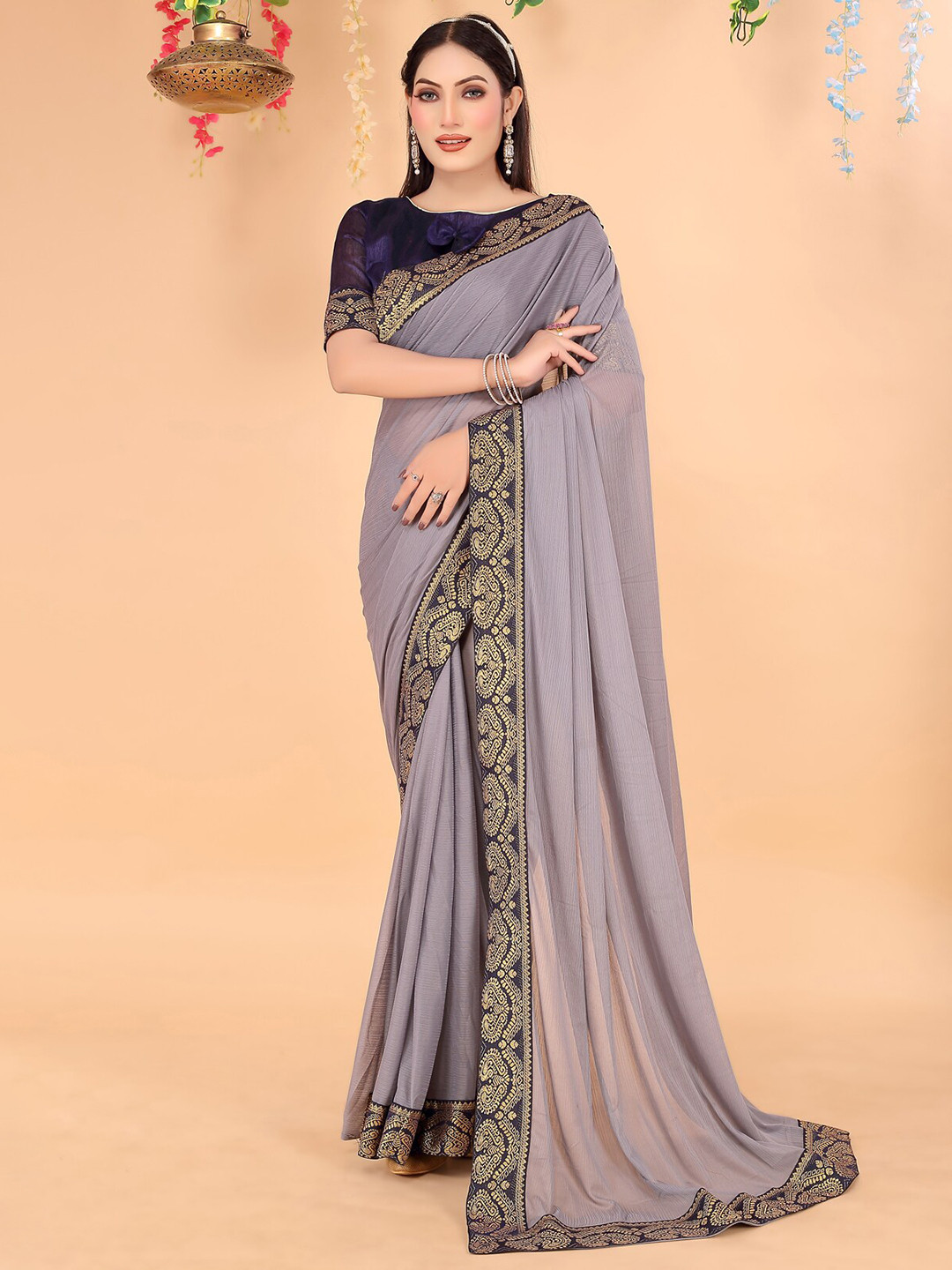 

KALINI Woven Design Border Zari Art Silk Saree, Grey