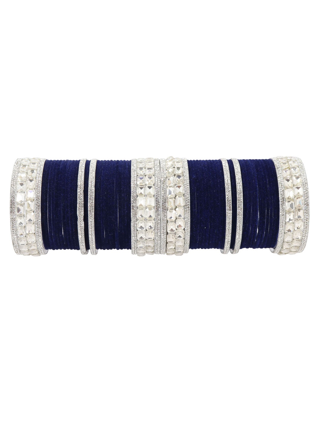 

NMII Set Of 68 Zircon Gemstone Studded & Velvet Metal Bangles, Silver