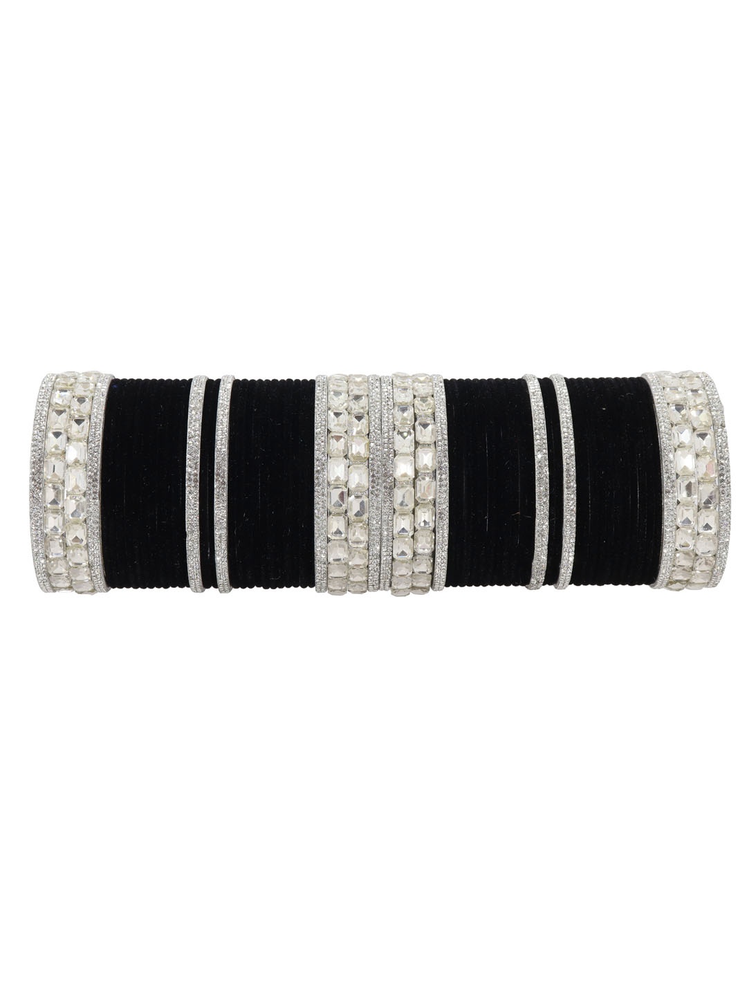 

NMII Set Of 68 Zircon Gemstone Studded & Velvet Metal Bangles, Silver