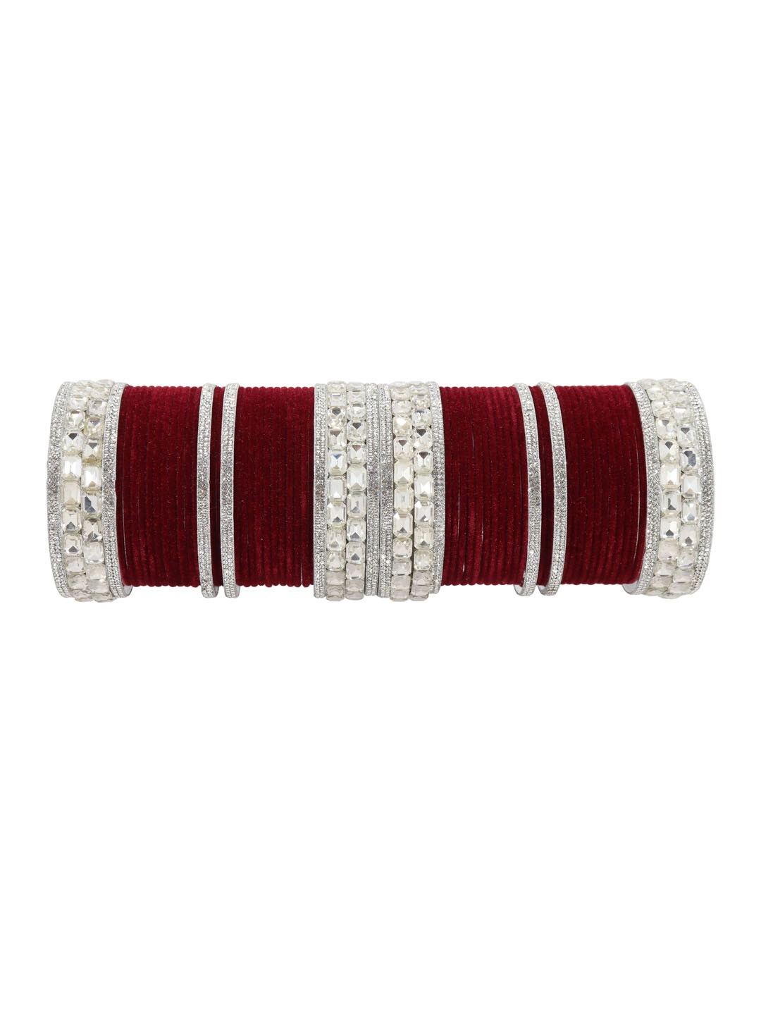 

NMII Set Of 68 Zircon Gemstone Studded & Velvet Bangles, Maroon
