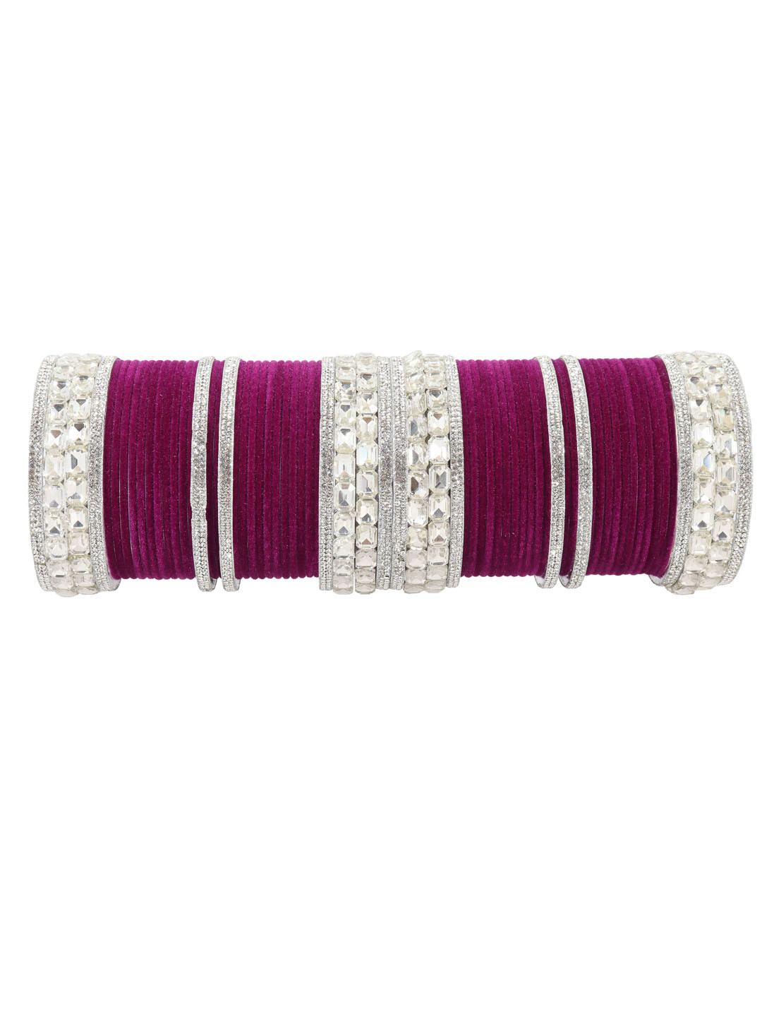 

NMII Set Of 68 Zircon Gemstone Studded & Velvet Metal Bangles, Purple