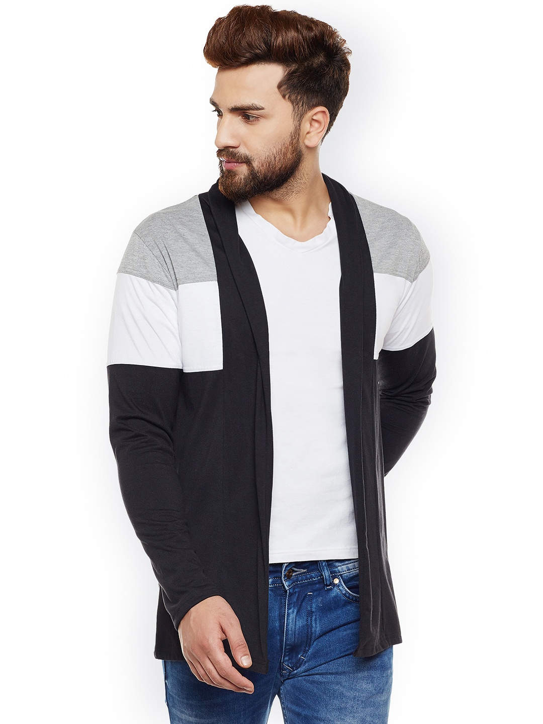 

CHILL WINSTON Men Black & Grey Colourblocked Open Front Shrug