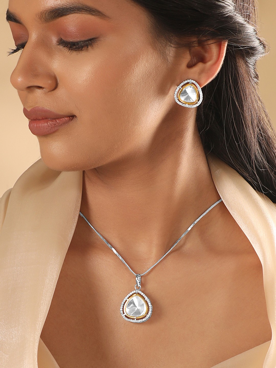 

Rubans Rhodium Plated Polki & Zirconia Studded Minimal Tear Drop Pendant Set, Silver