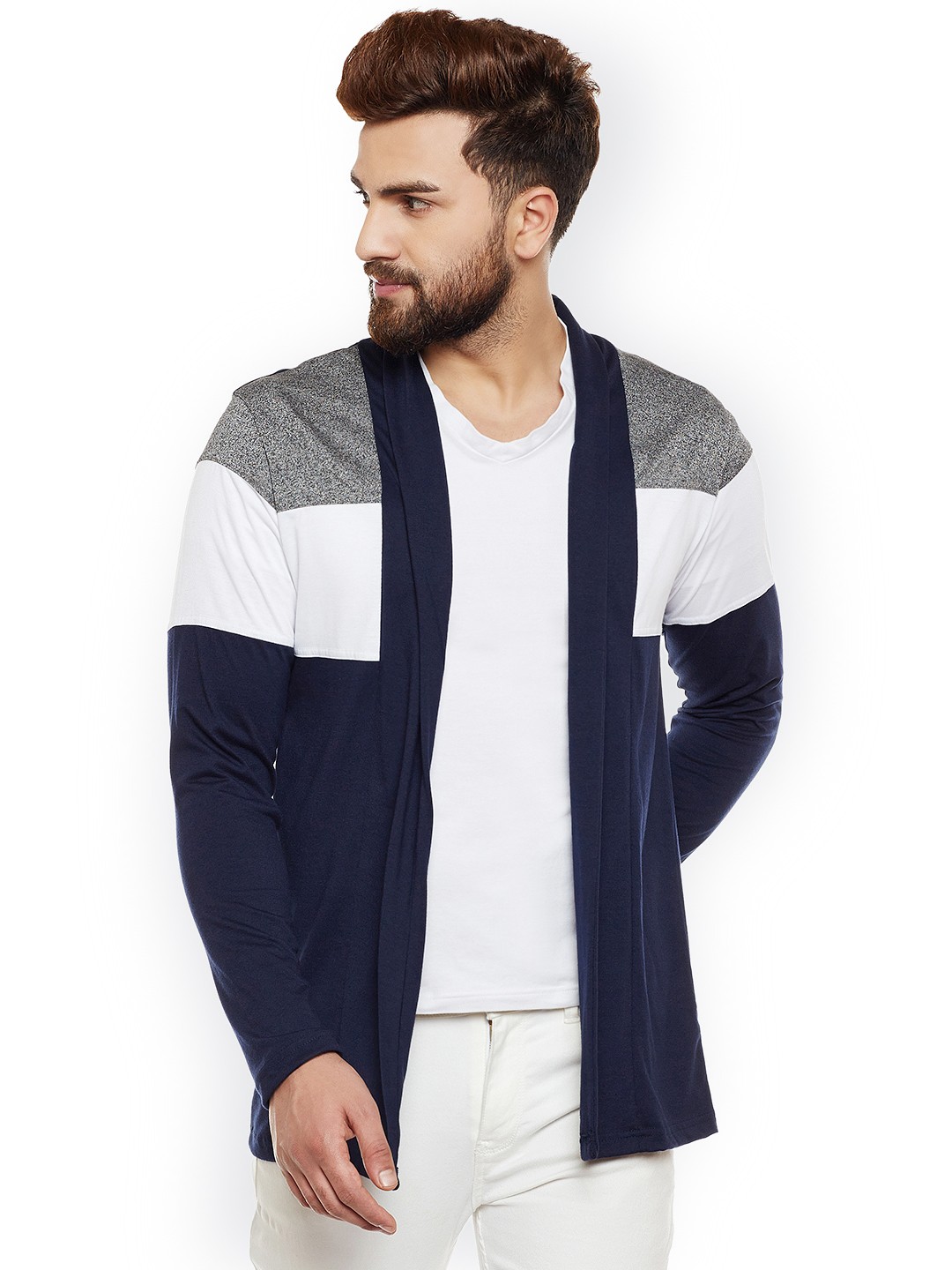 

CHILL WINSTON Men Blue & Grey Colourblocked Open Front Shrug