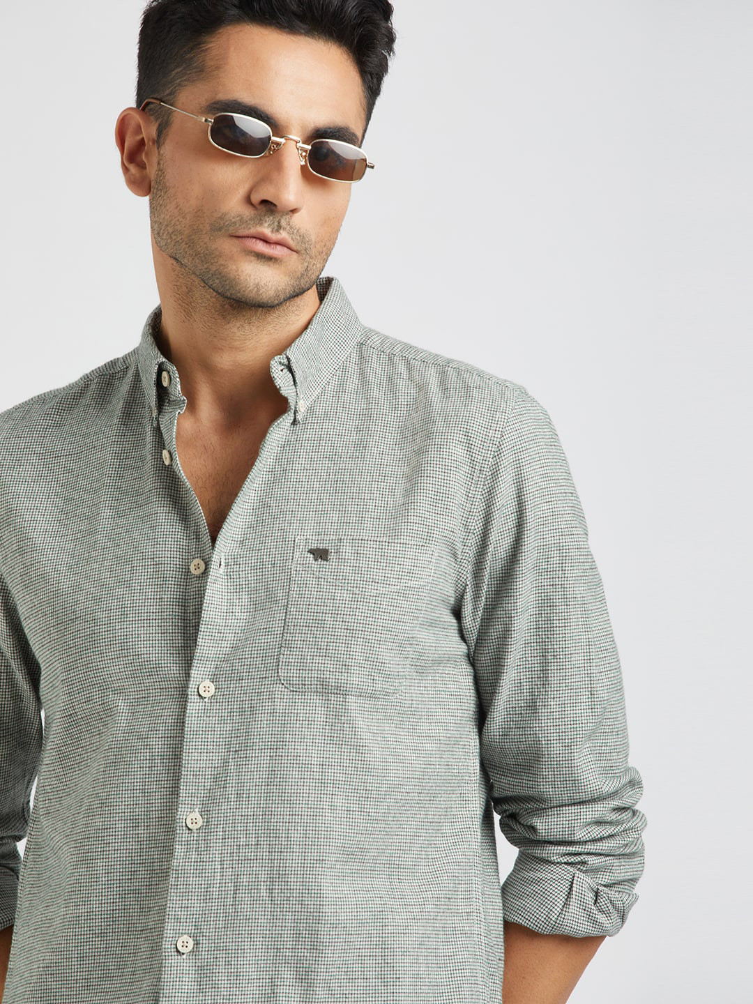

THE BEAR HOUSE Micro Checked Slim Fit Pure Cotton Casual Shirt, Cream