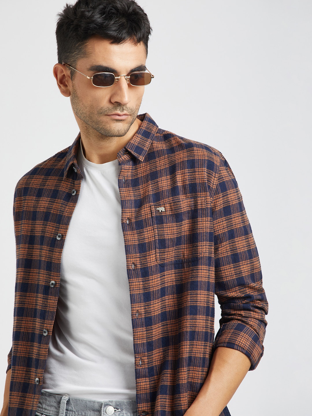 

THE BEAR HOUSE Tartan Checked Slim Fit Flannel Pure Cotton Casual Shirt, Orange