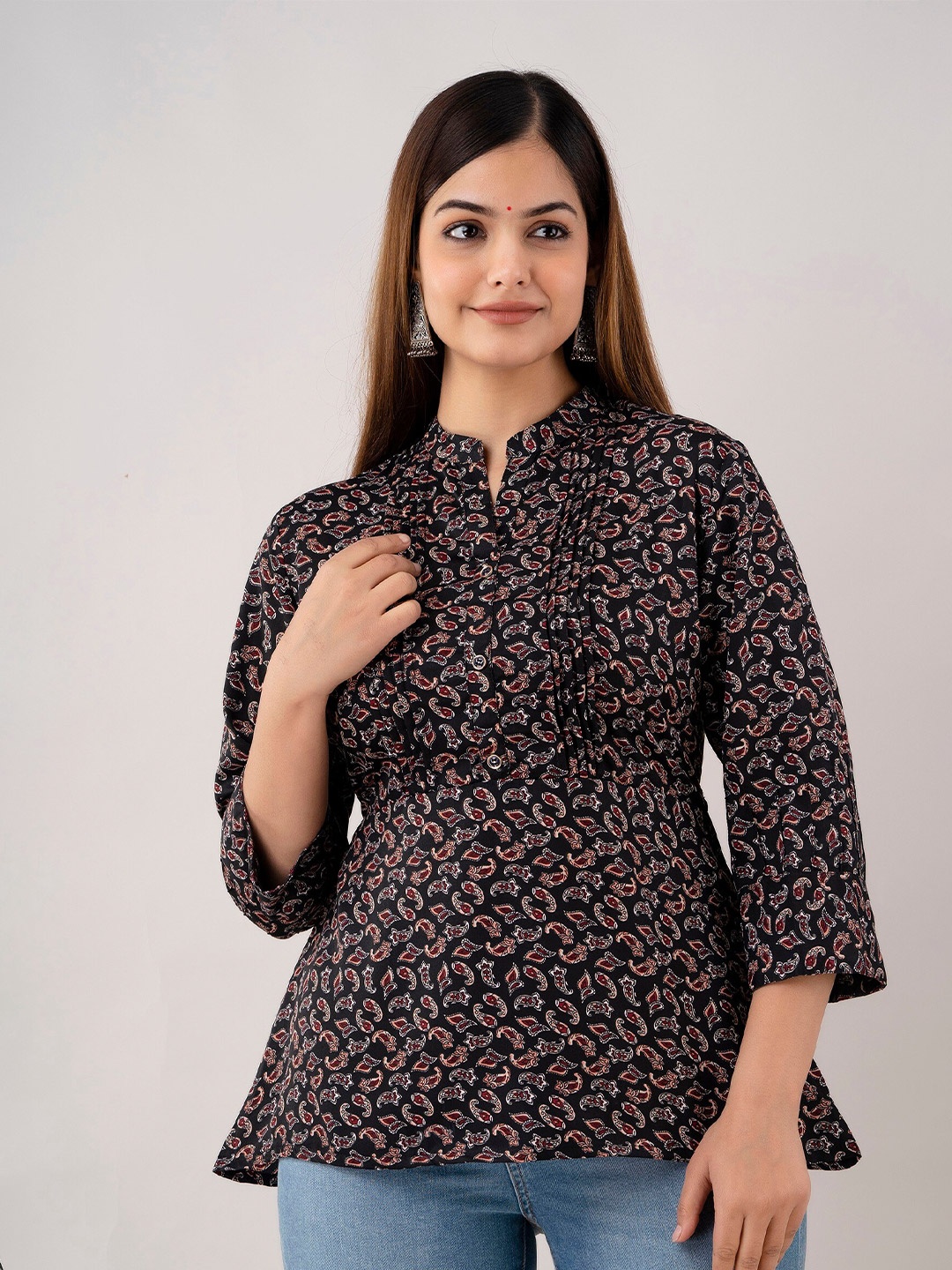 

CKM Ethnic Motifs Printed Mandarin Collar Top, Black