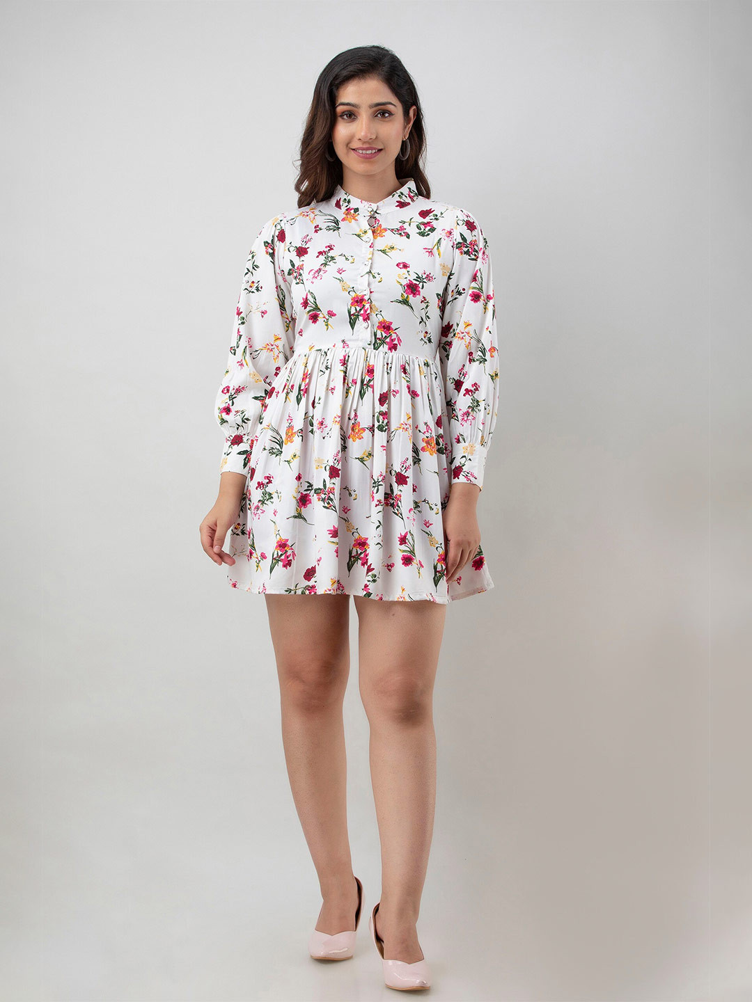 

CKM Floral Printed Mandarin Collar Mini Fit& Flare Dress, White