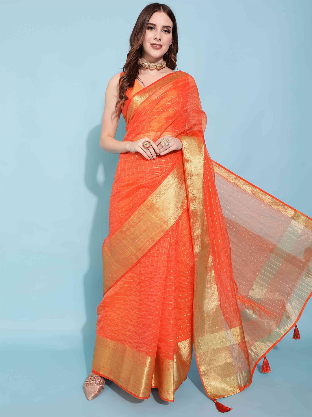 

elora Woven Design Zari Organza Bhagalpuri Saree, Orange