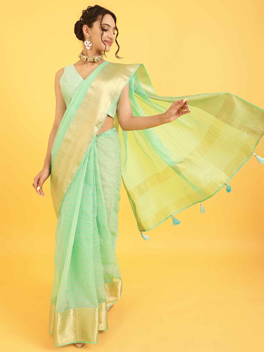 

elora Checked Zari Organza Bhagalpuri Saree, Blue