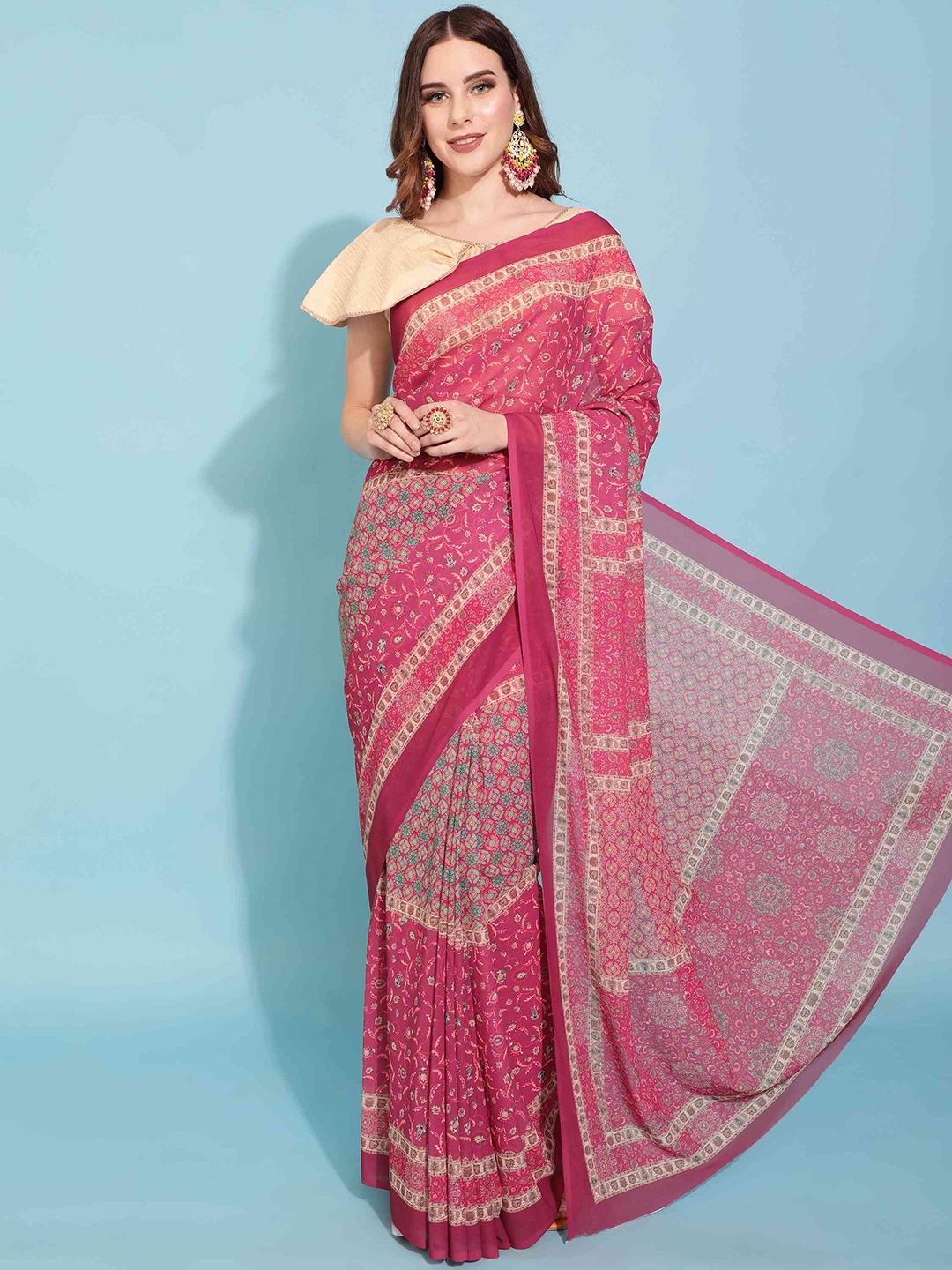 

elora Ethnic Motifs Printed Poly Georgette Bhagalpuri Saree, Pink