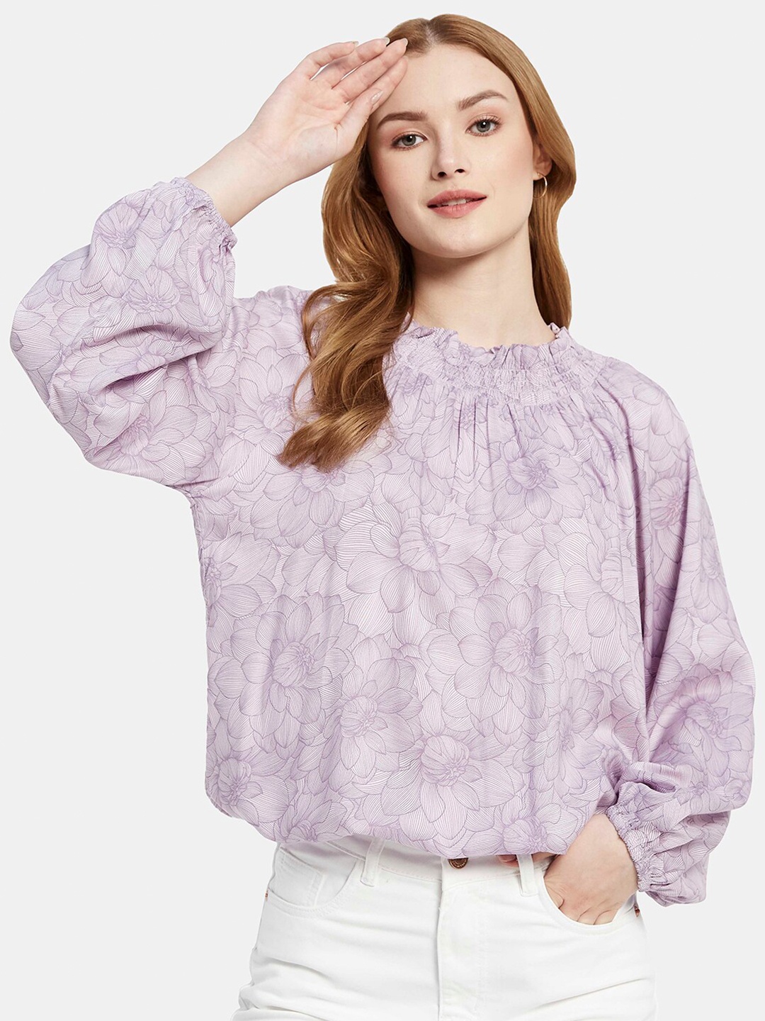 

METTLE Floral Printed Puff Sleeve Cotton Blouson Top, Purple