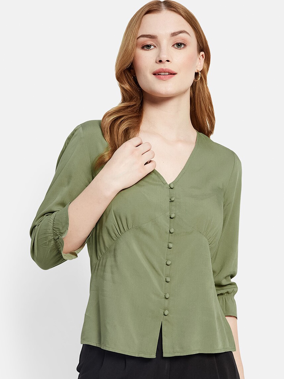 

METTLE V-Neck Puff Sleeve Cotton Top, Olive