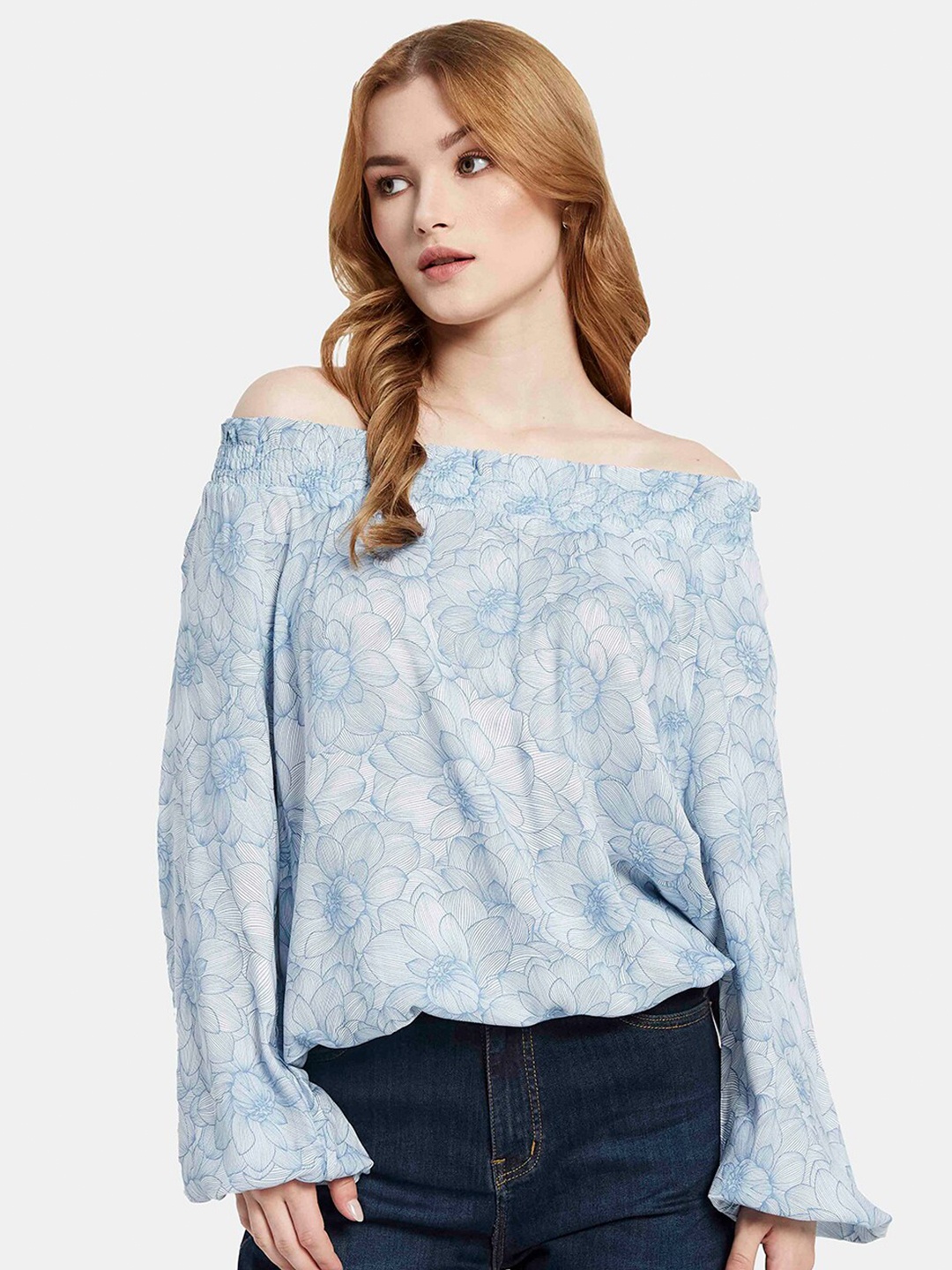 

METTLE Floral Printed Off Shoulder Cotton Bardot Top, Blue