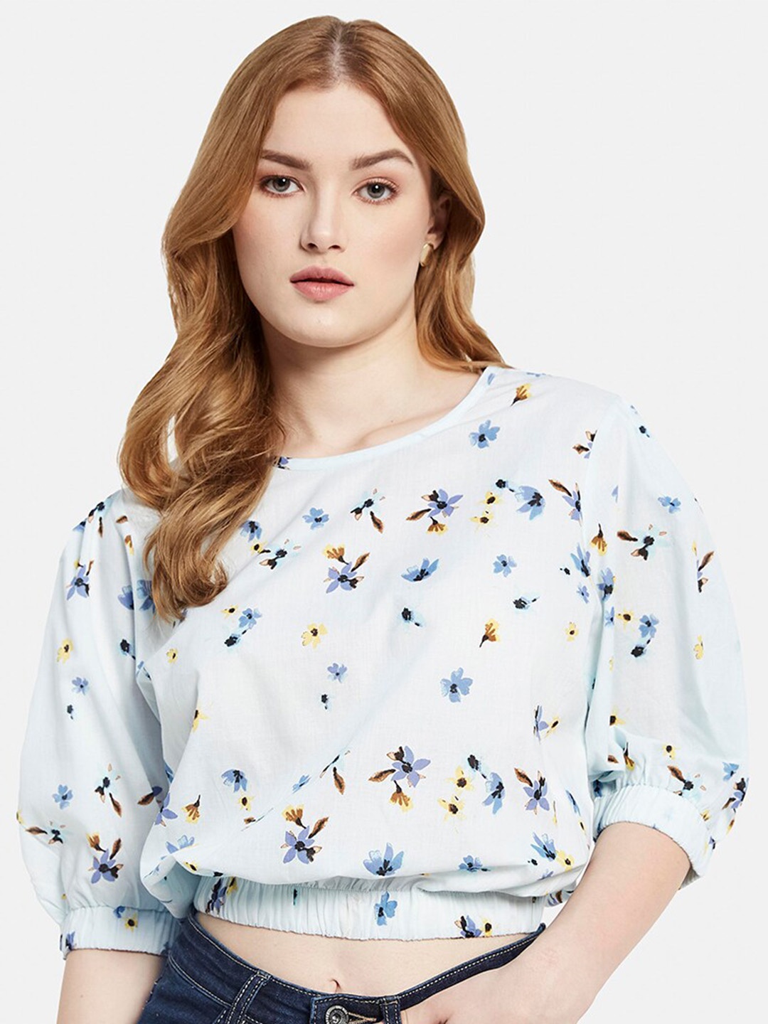 

METTLE Floral Printed Blouson Cotton Top, Blue