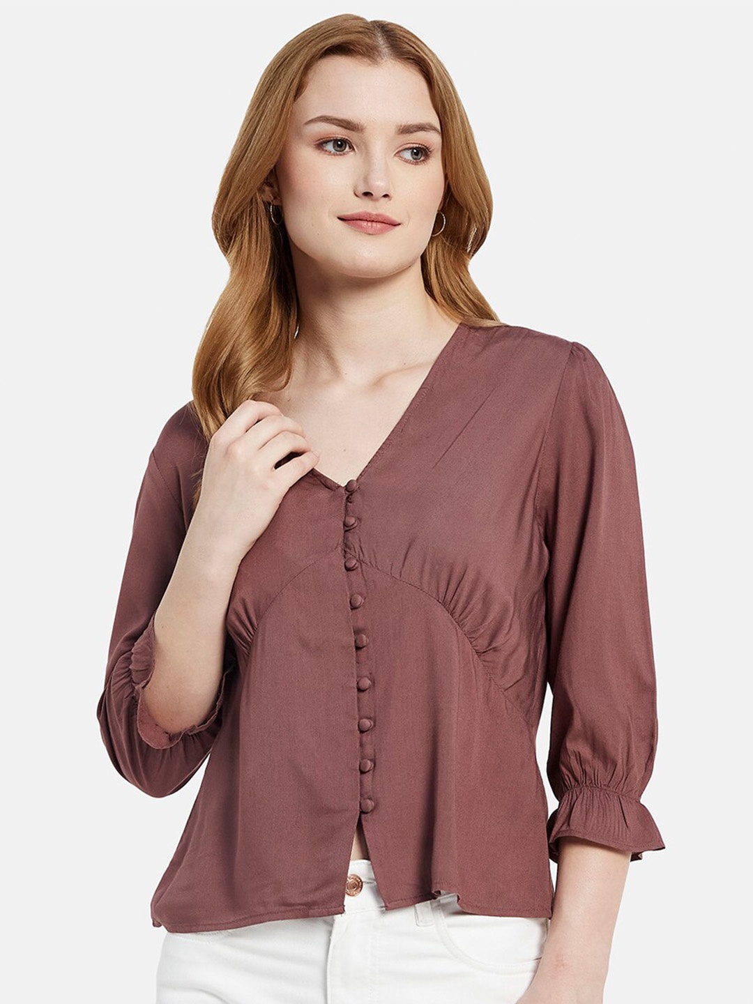 

METTLE V-Neck Puff Sleeve Cotton Top, Maroon