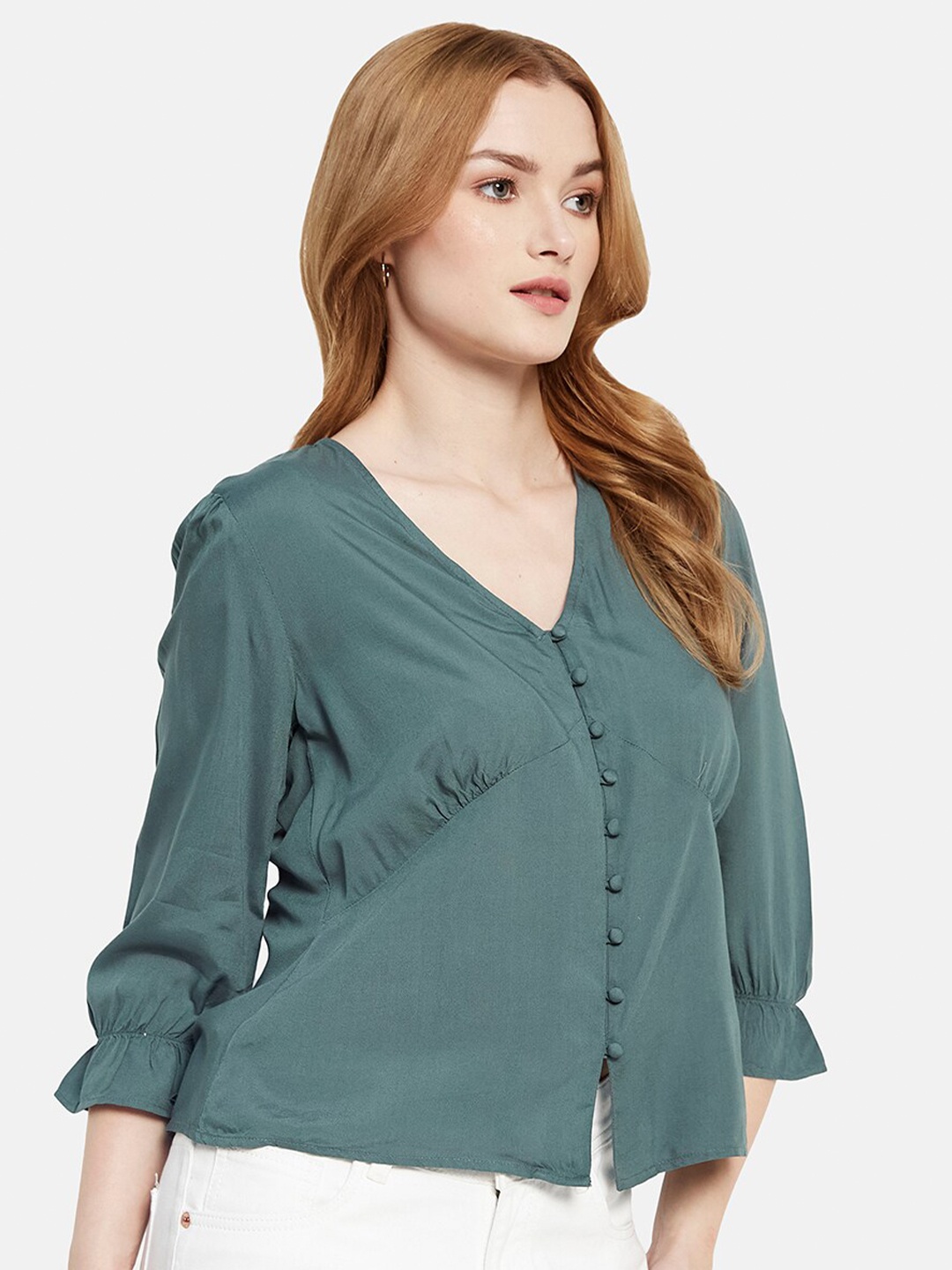 

METTLE V-Neck Puff Sleeve Cotton Top, Green