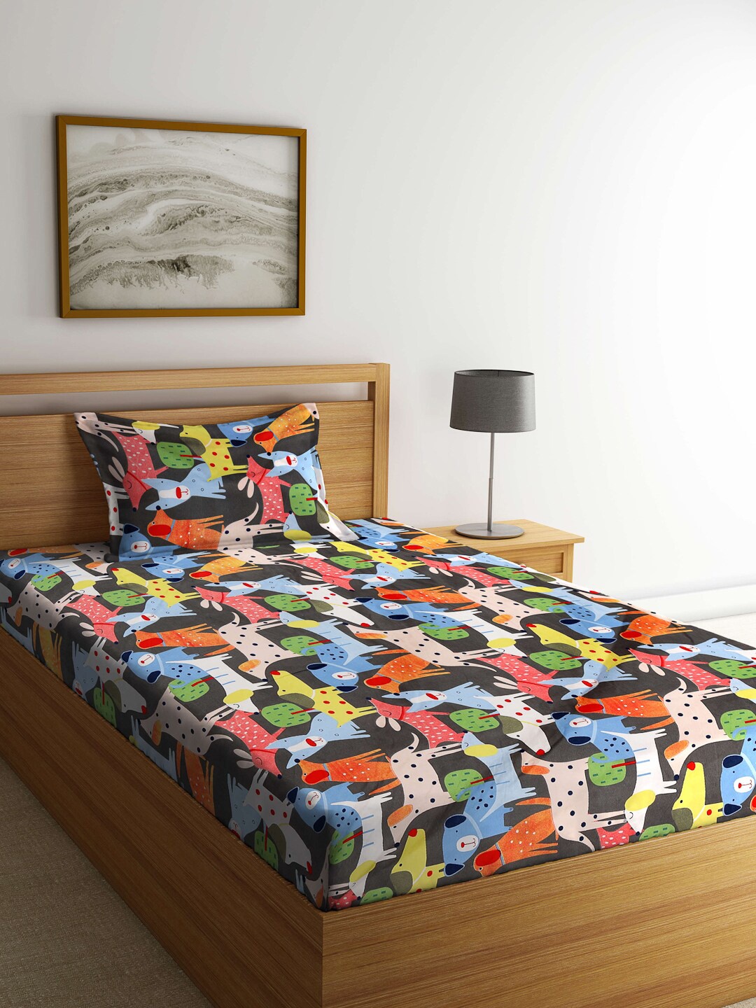 

FABINALIV Blue & Green Graphic 300 TC Fitted Single Bedsheet With Pillow Cover