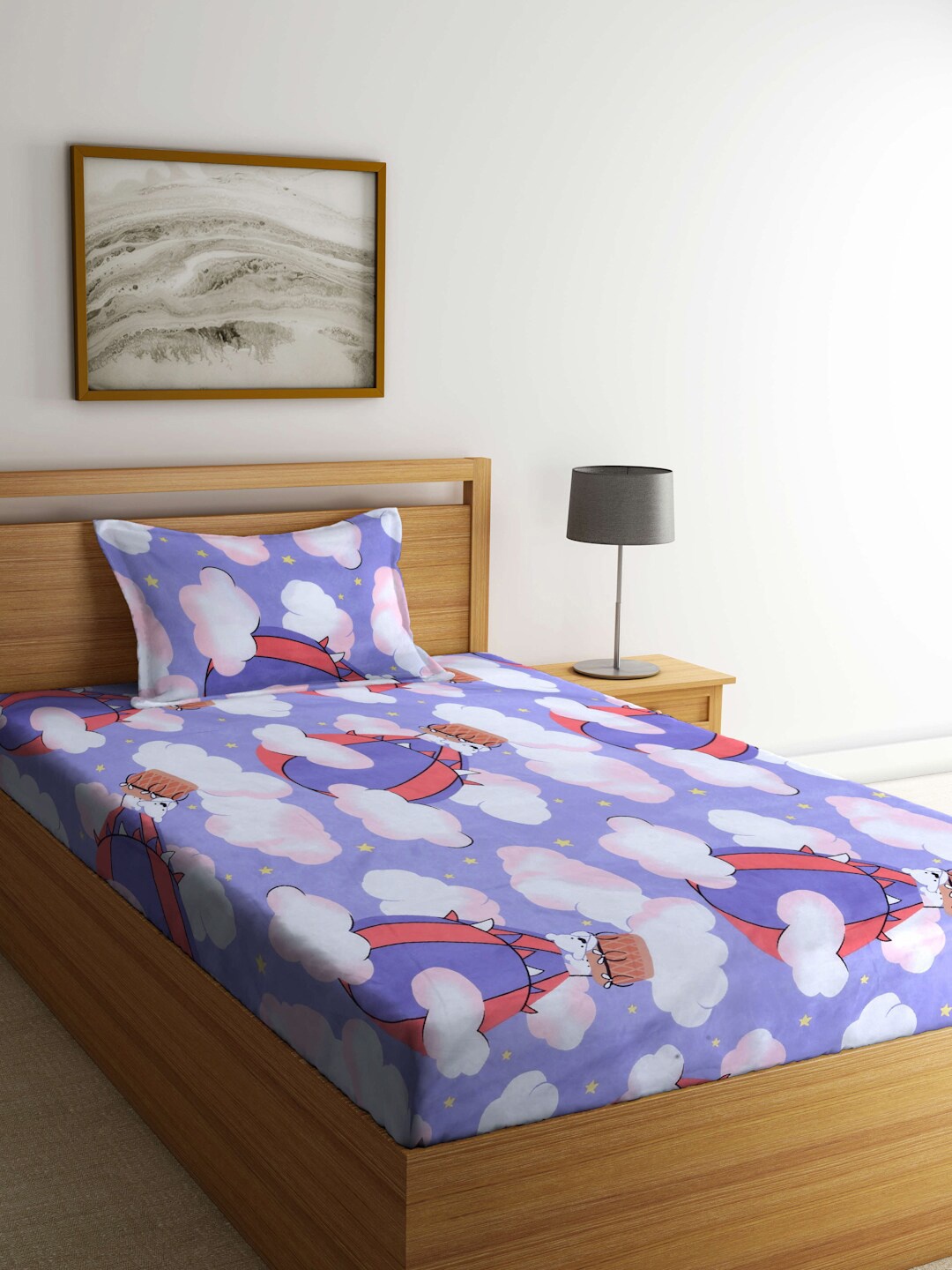 

FABINALIV Blue & Red Graphic 300 TC Fitted Single Bedsheet With Pillow Cover
