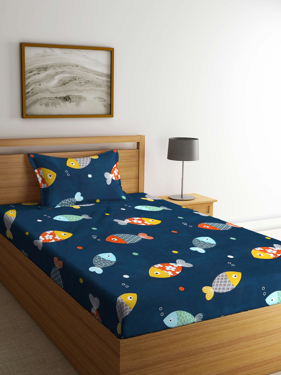 

FABINALIV Navy Blue & Yellow Graphic 300 TC Fitted Single Bedsheet With 1 Pillow Cover