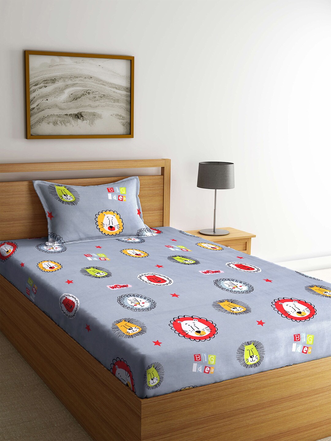 

FABINALIV Grey & Red Graphic 300 TC Fitted Single Bedsheet With Pillow Cover