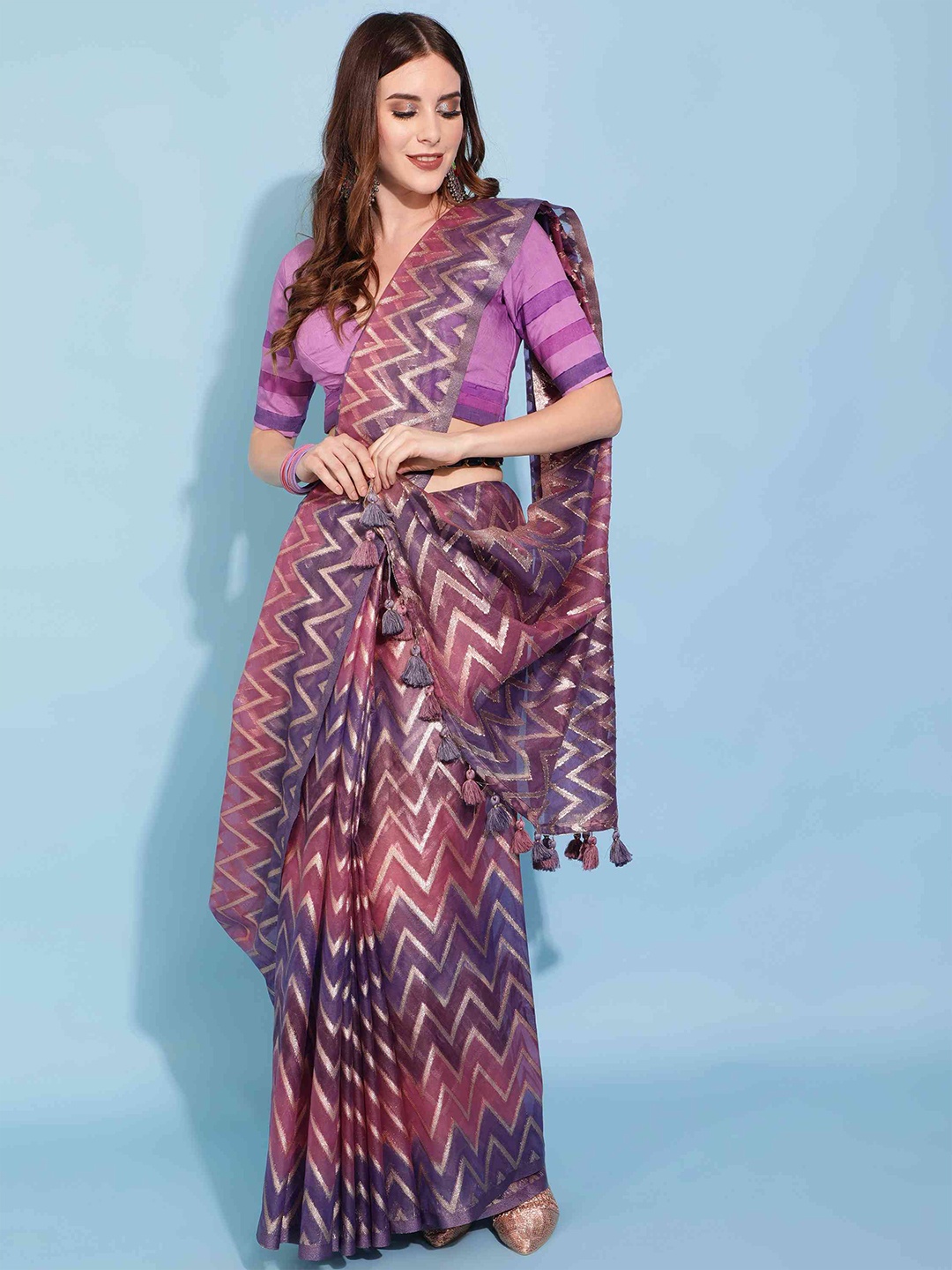 

elora Chevron Zari Organza Bhagalpuri Saree, Purple