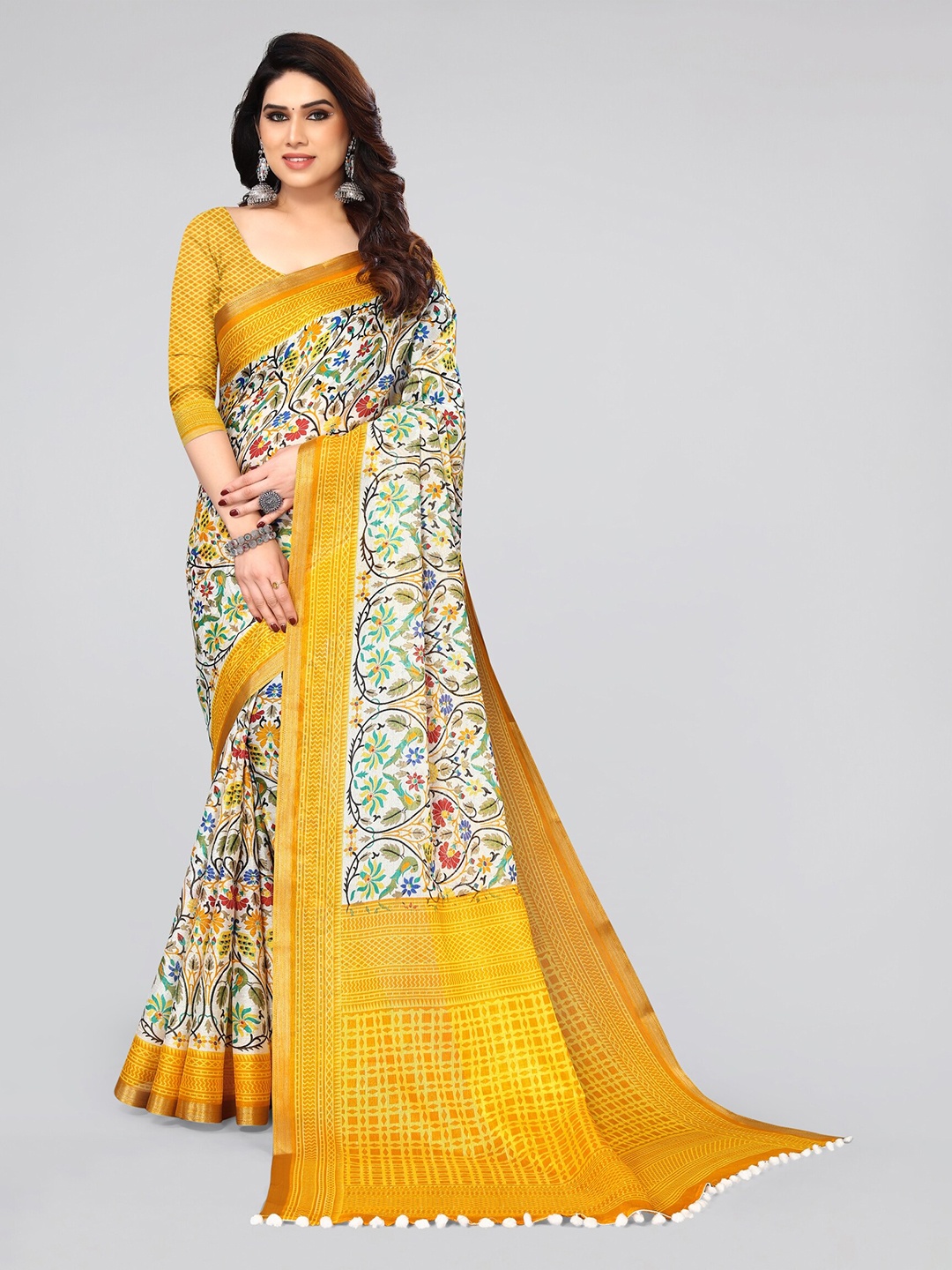 

MIRCHI FASHION Floral Printed Zari Silk Cotton Saree, White