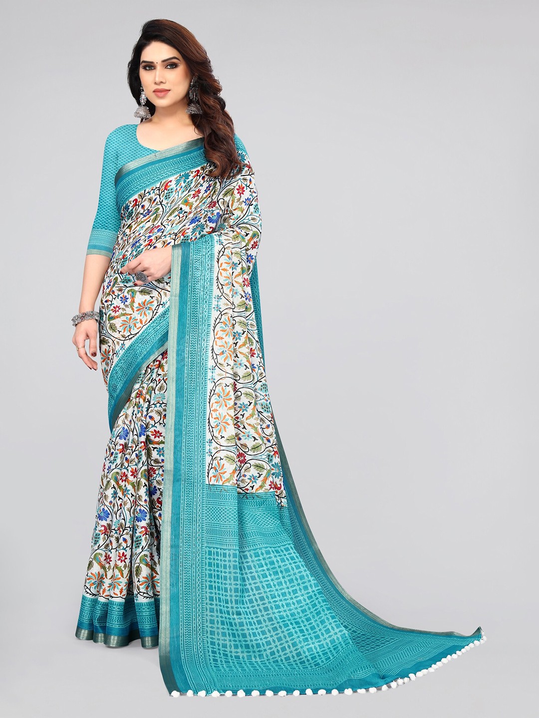 

MIRCHI FASHION Floral Printed Zari Silk Cotton Saree, White