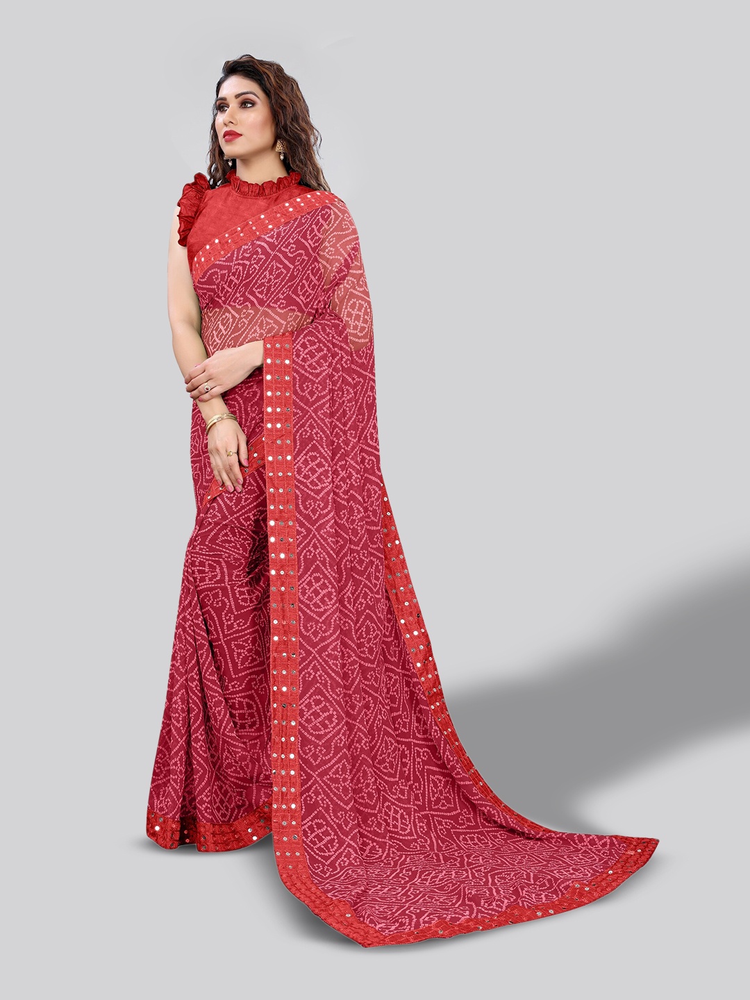 

MIRCHI FASHION Bandhani Printed & Mirror Embroidered Poly Georgette Saree, Red