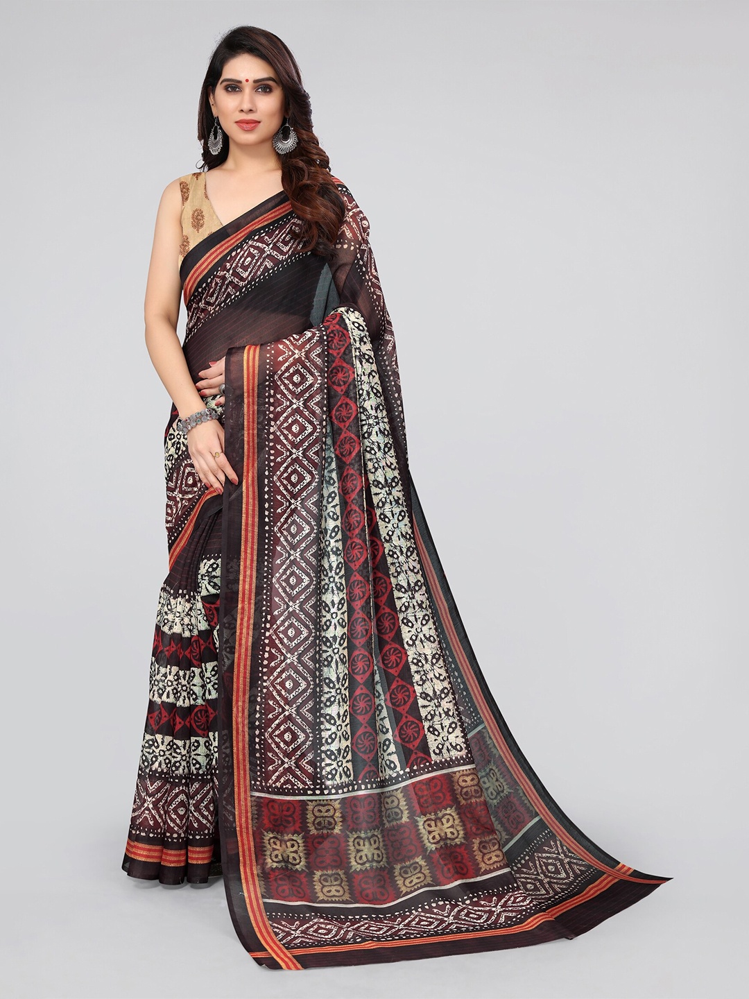 

KALINI Batik Block Printed Saree, Black