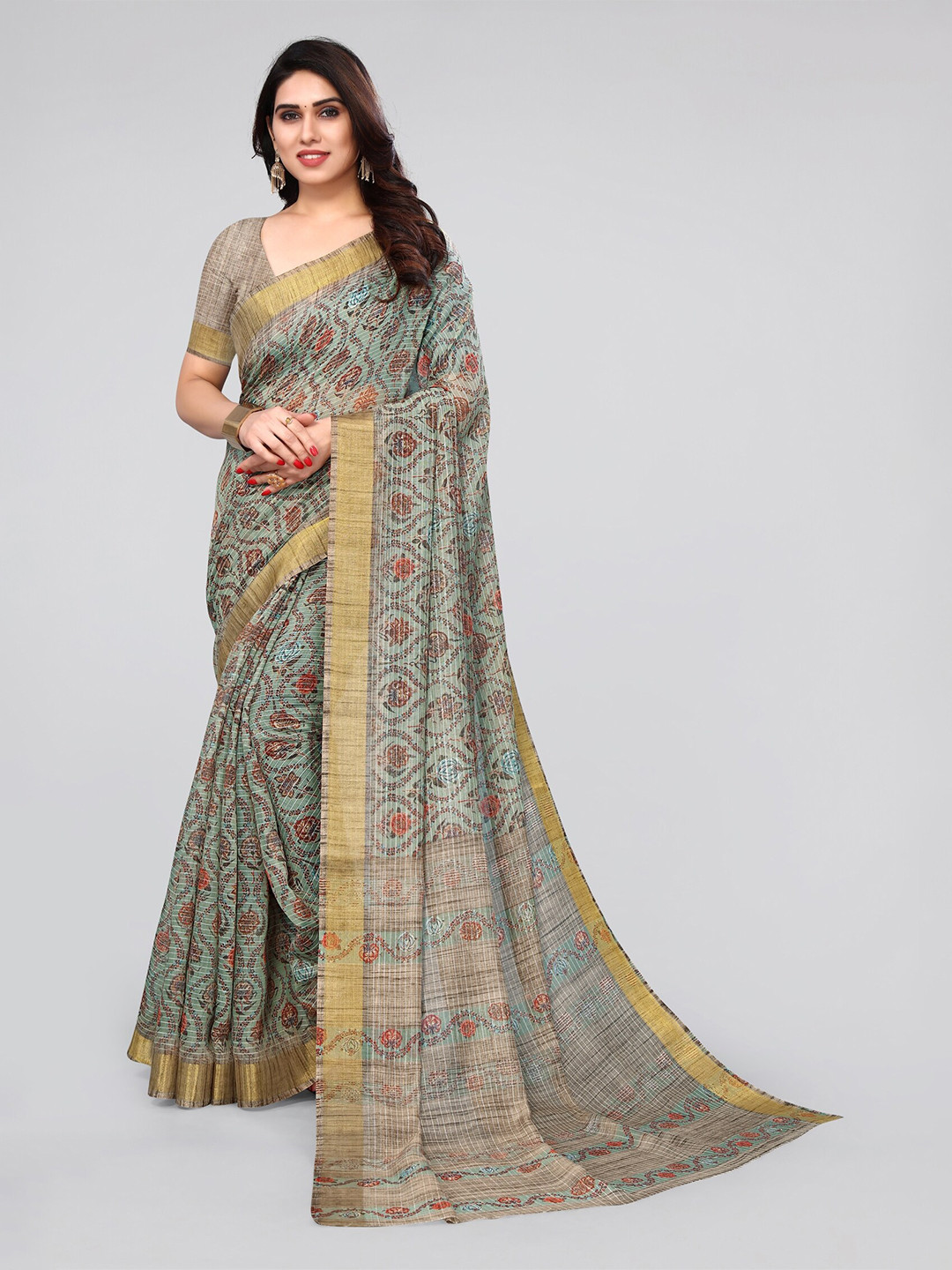 

MIRCHI FASHION Floral Printed Zari Saree, Green