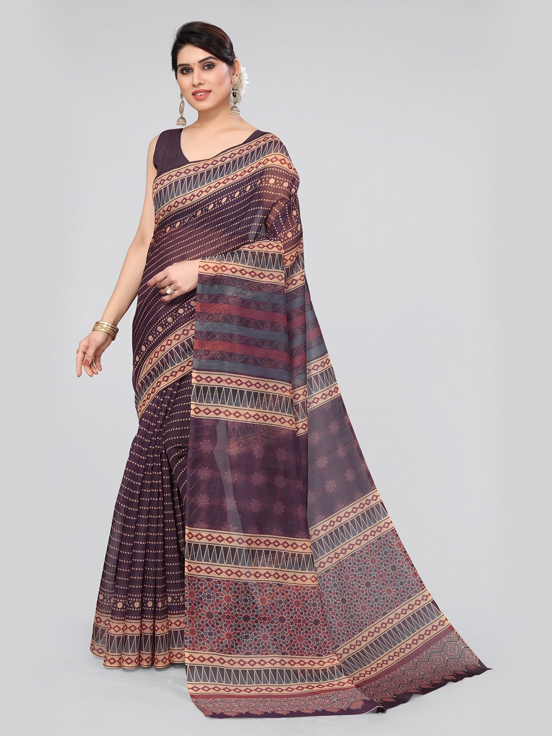 

MIRCHI FASHION Ajrak Block Printed Saree, Magenta