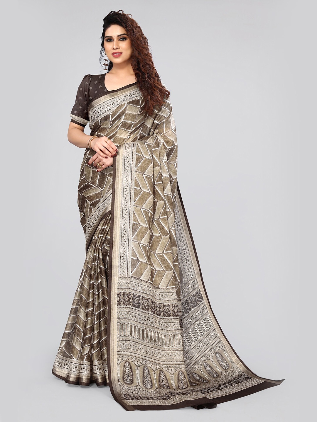 

MIRCHI FASHION Geometric Printed Silk Cotton Saree, Brown