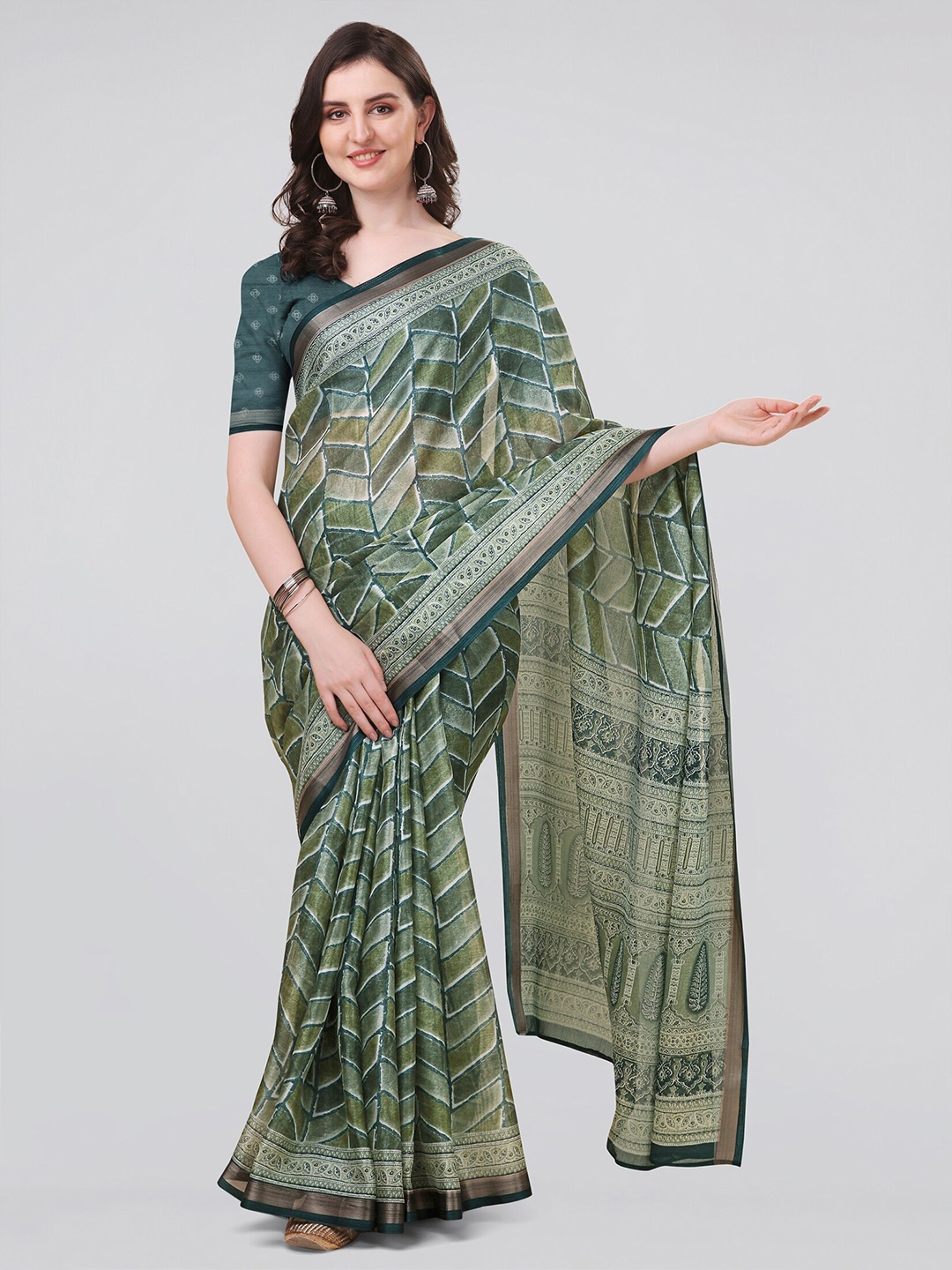 

MIRCHI FASHION Geometric Printed Silk Cotton Saree, Olive