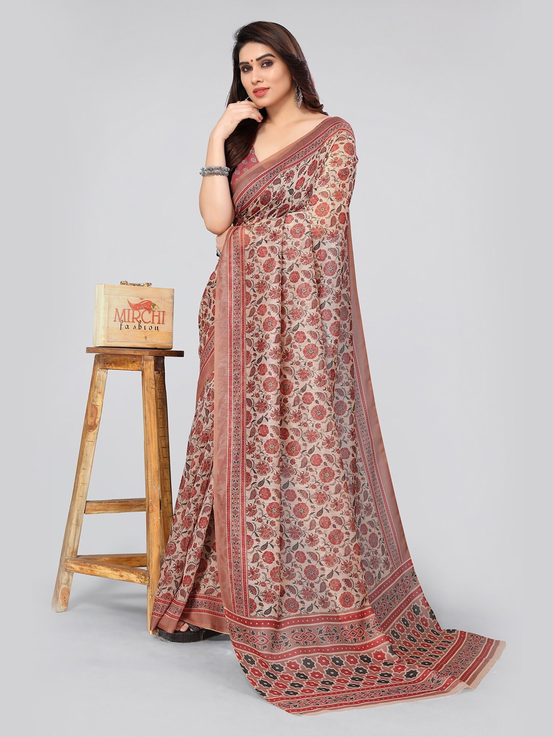 

MIRCHI FASHION Floral Printed Saree, Beige