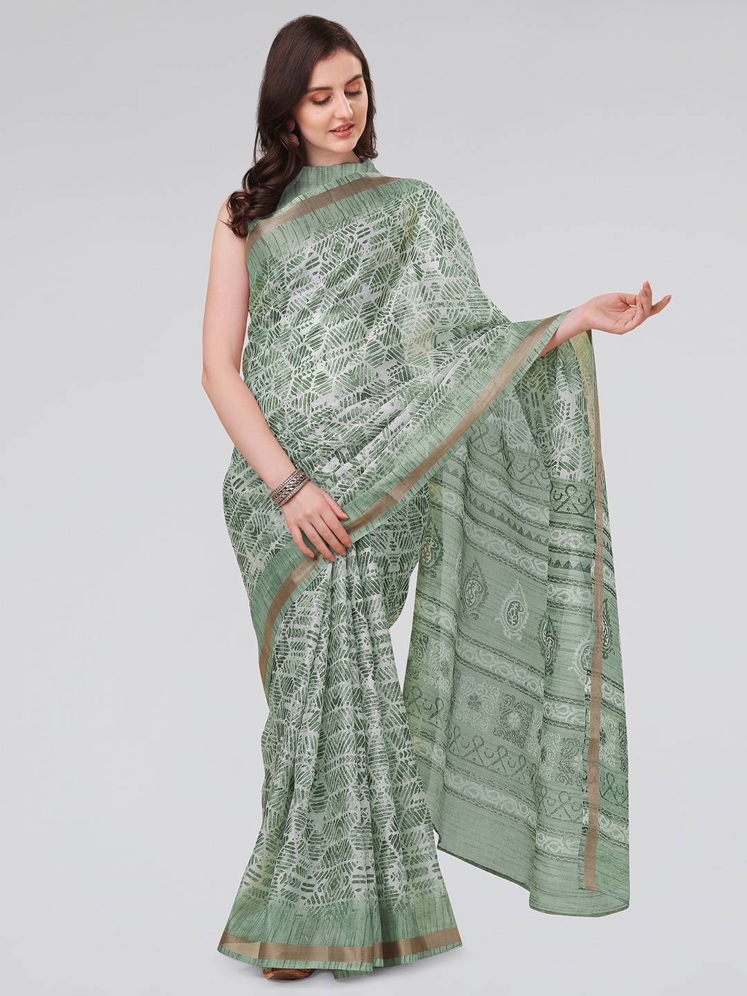 

MIRCHI FASHION Geometric Printed Zari Silk Cotton Saree, Green