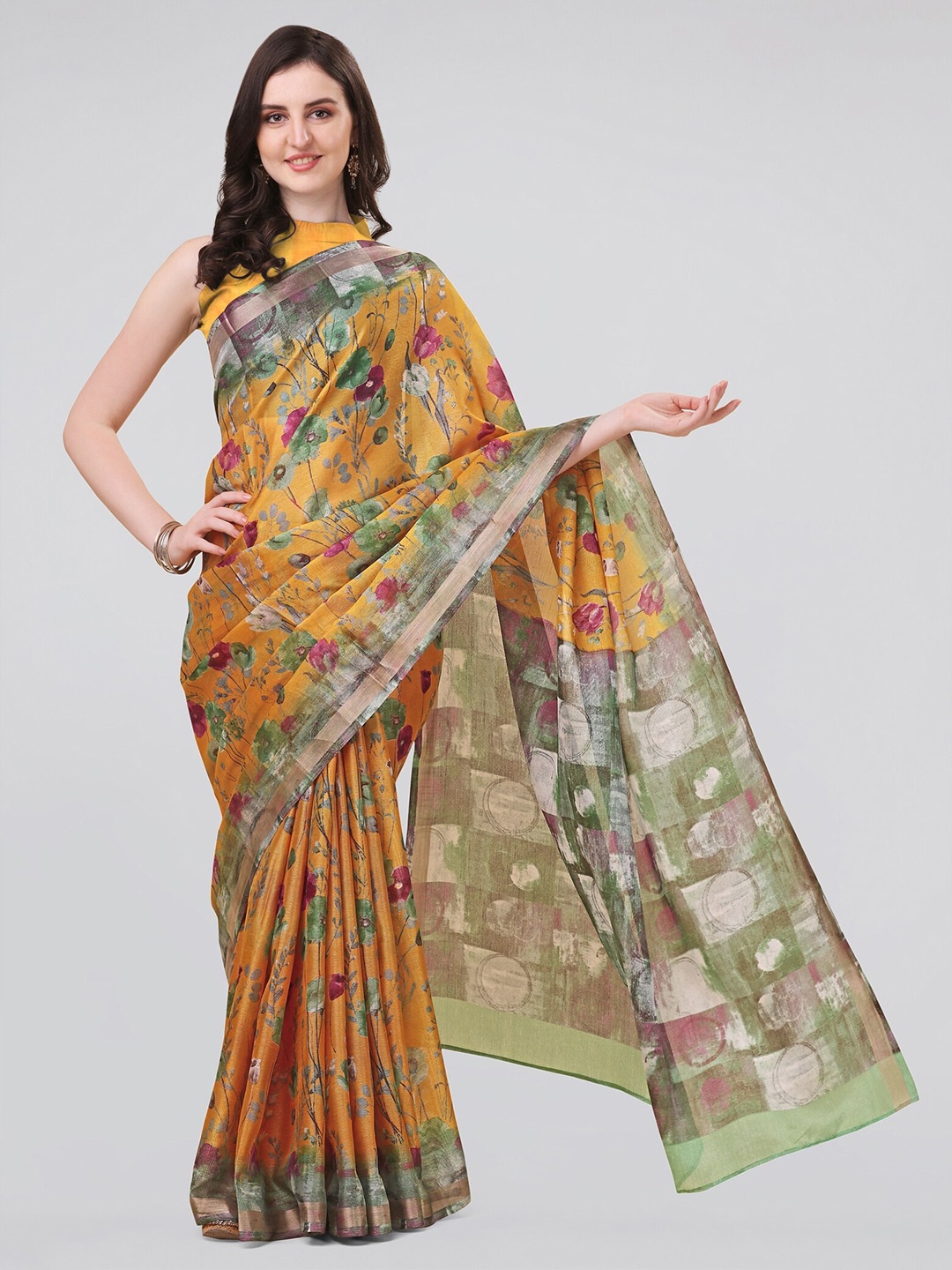 

MIRCHI FASHION Floral Printed Silk Cotton Saree, Mustard
