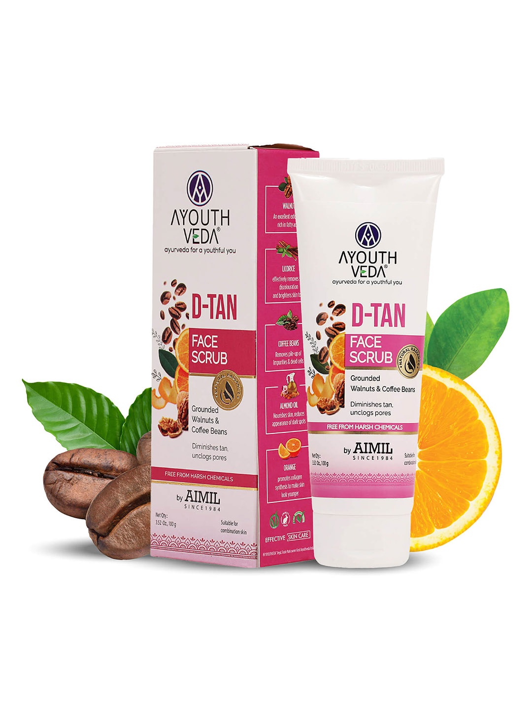 

AYOUTHVEDA AIMIL D-Tan Exfoliating Face Scrub Grounded Walnuts & Coffee Beans 100g, Pink