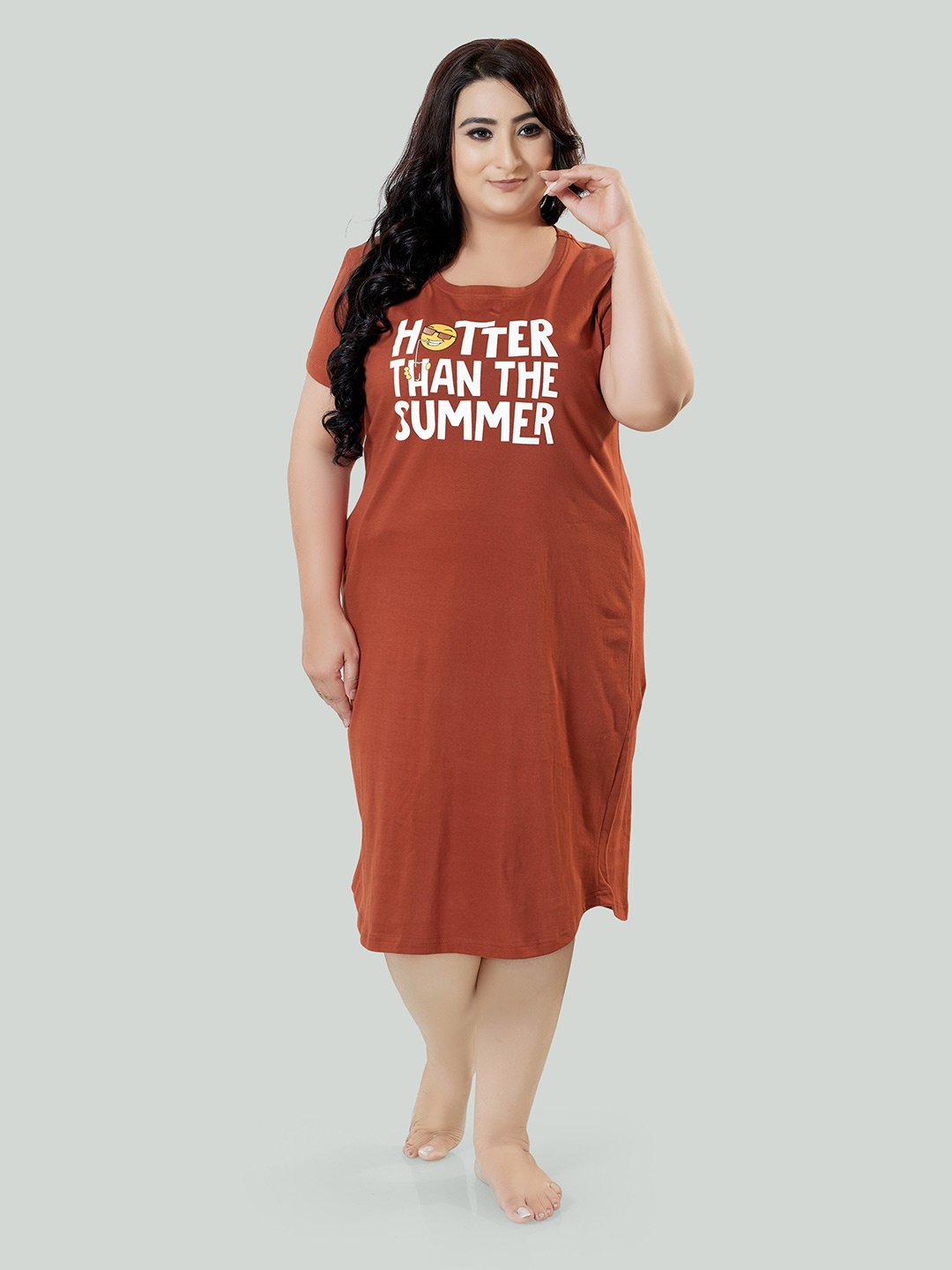 

9shines Label Plus Size Typography Printed Pure Cotton Nightdress, Rust