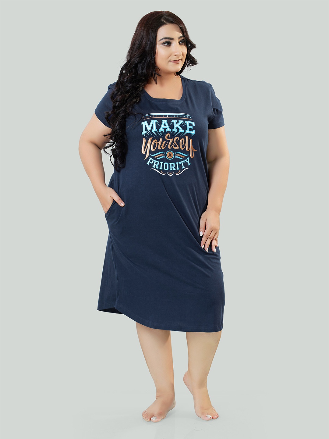 

9shines Label Plus Size Typography Printed Pure Cotton T-Shirt Nightdress, Navy blue