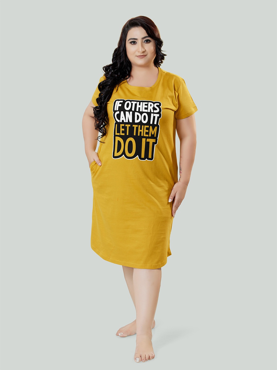 

9shines Label Typography Printed Pure Cotton Nightdress, Yellow