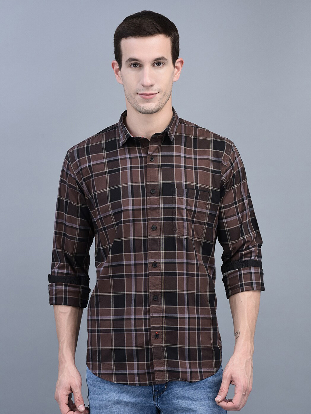 

COBB Slim Fit Checked Cotton Casual Shirt, Brown