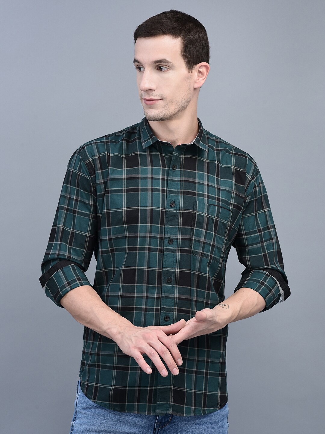

COBB Slim Fit Checked Cotton Casual Shirt, Green
