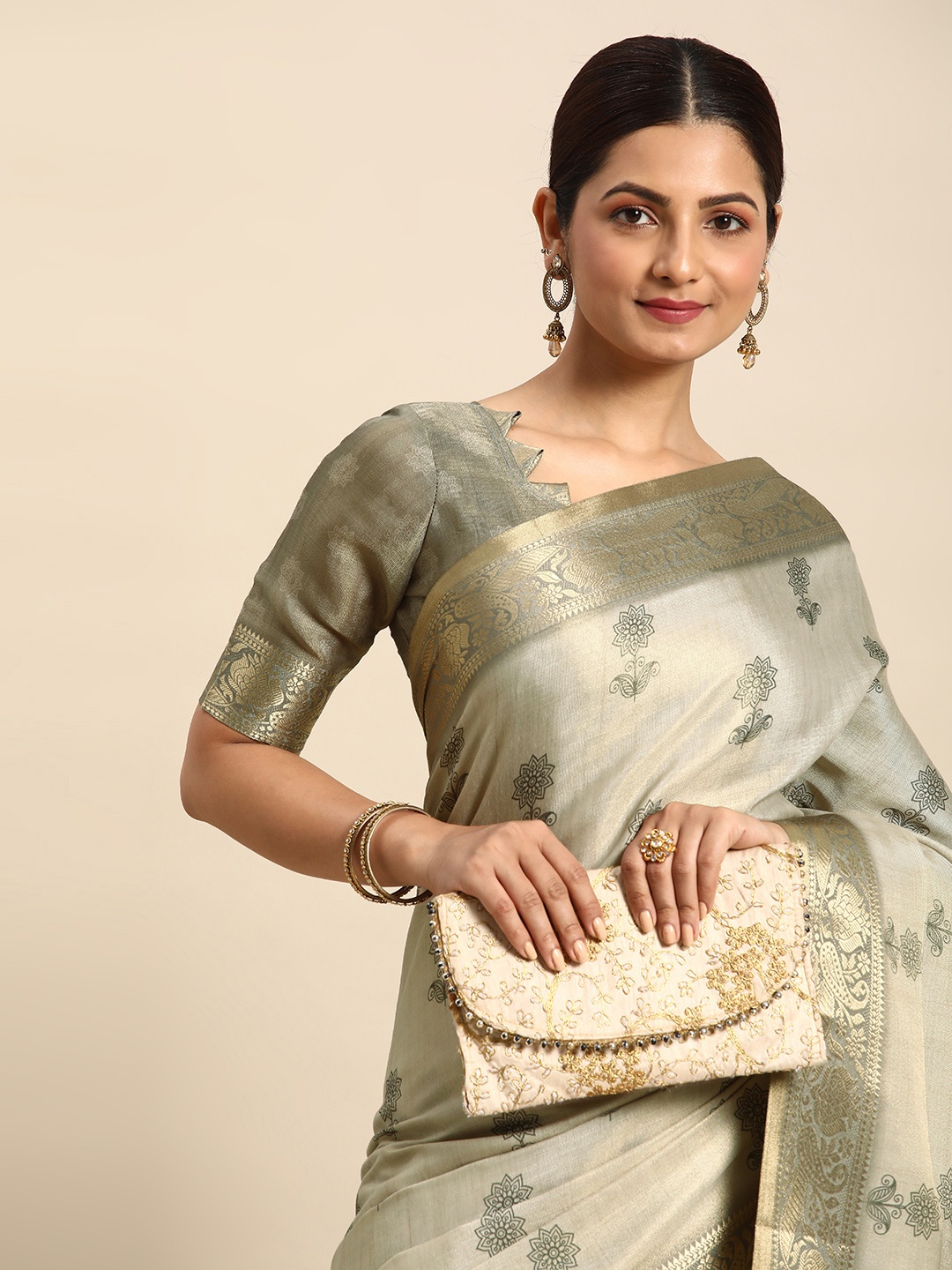 

Mitera Floral Print Saree, Cream