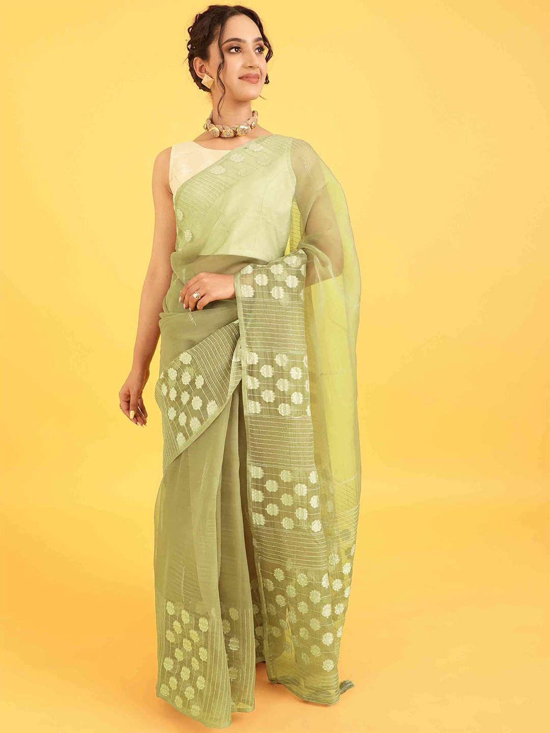 

elora Floral Woven Design Bhagalpuri Organza Saree, Green